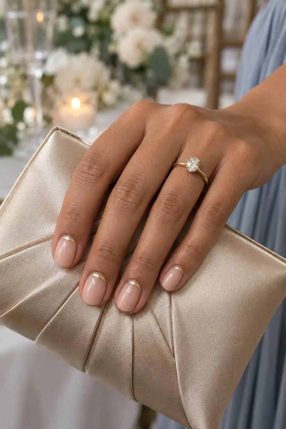 adult wedding guest's warm tan hand with short oval nails, glossy clear base and thin champagne-gold arches near each cuticle, satin clutch