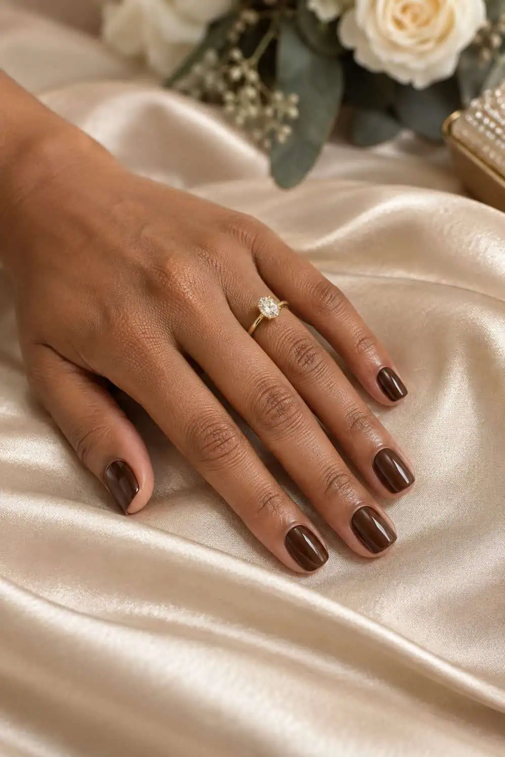 Wedding guest light-brown hand with short squoval nails painted solid glossy chocolate brown, on champagne satin