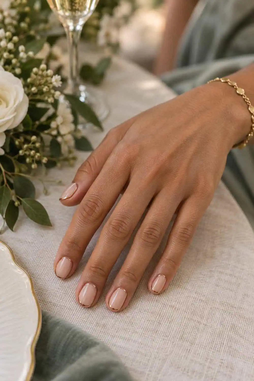 Wedding guest olive hand with short rounded nails, glossy clear base and thin copper outline around each nail, gold bracelet nearby