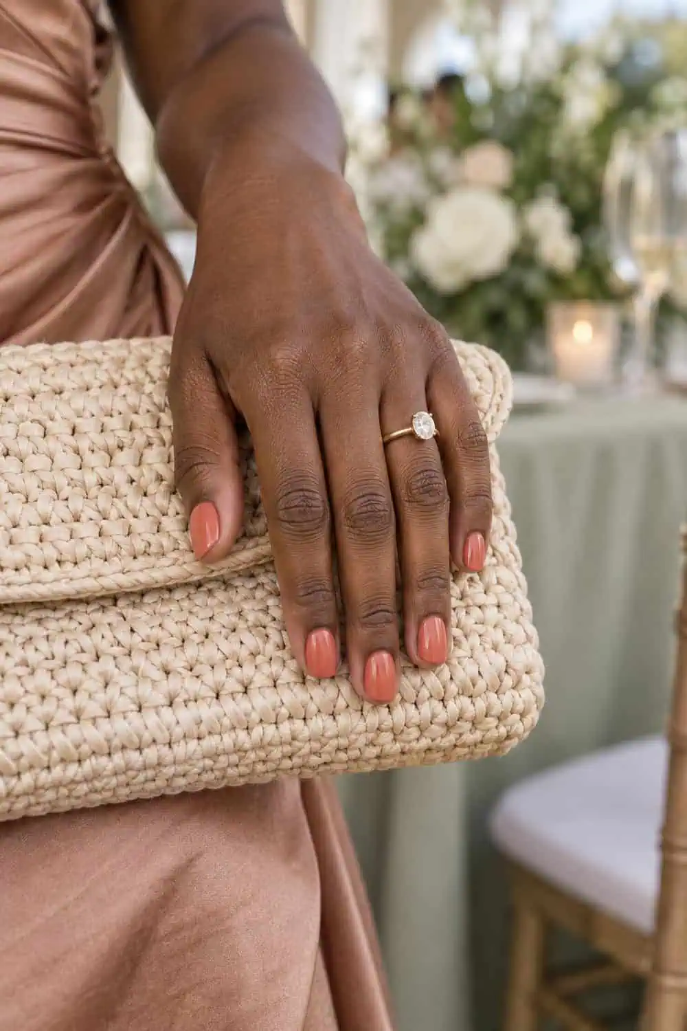 Wedding guest deep-brown hand with short oval nails painted solid muted coral, beside woven neutral handbag
