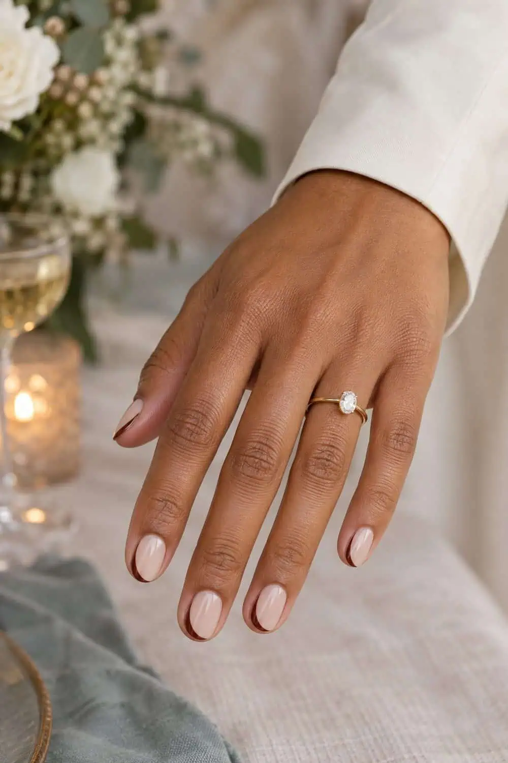 adult wedding guest's light-brown hand with short oval nails, sheer beige base and slim espresso-brown side-French curves, ivory sleeve