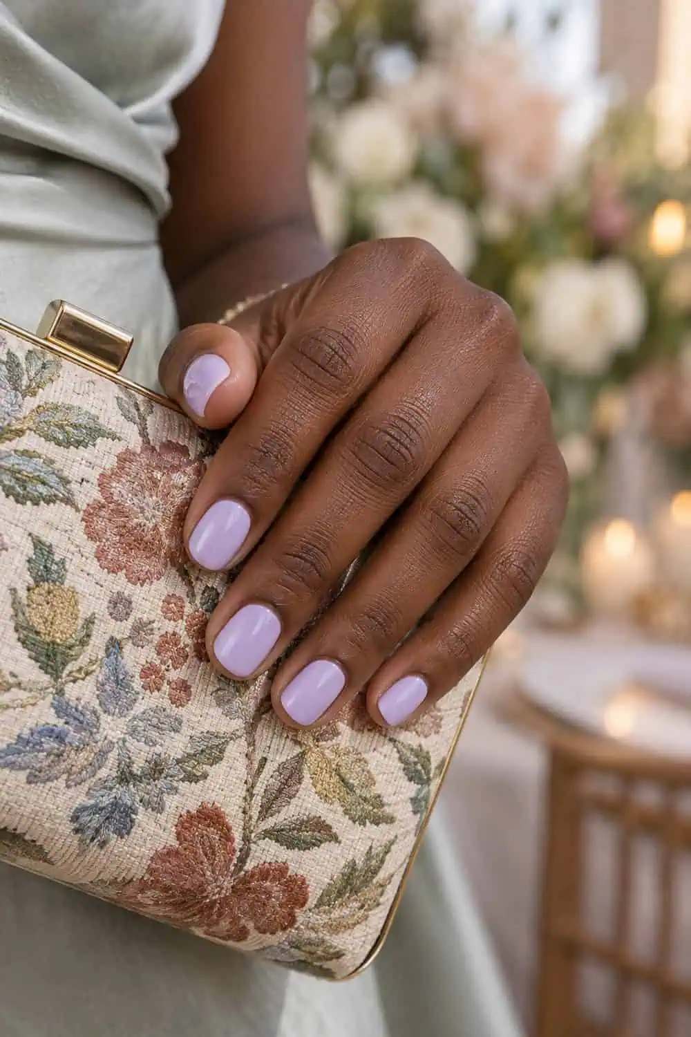 Wedding guest dark-brown hand with short rounded nails painted solid creamy lavender, holding a floral-print clutch
