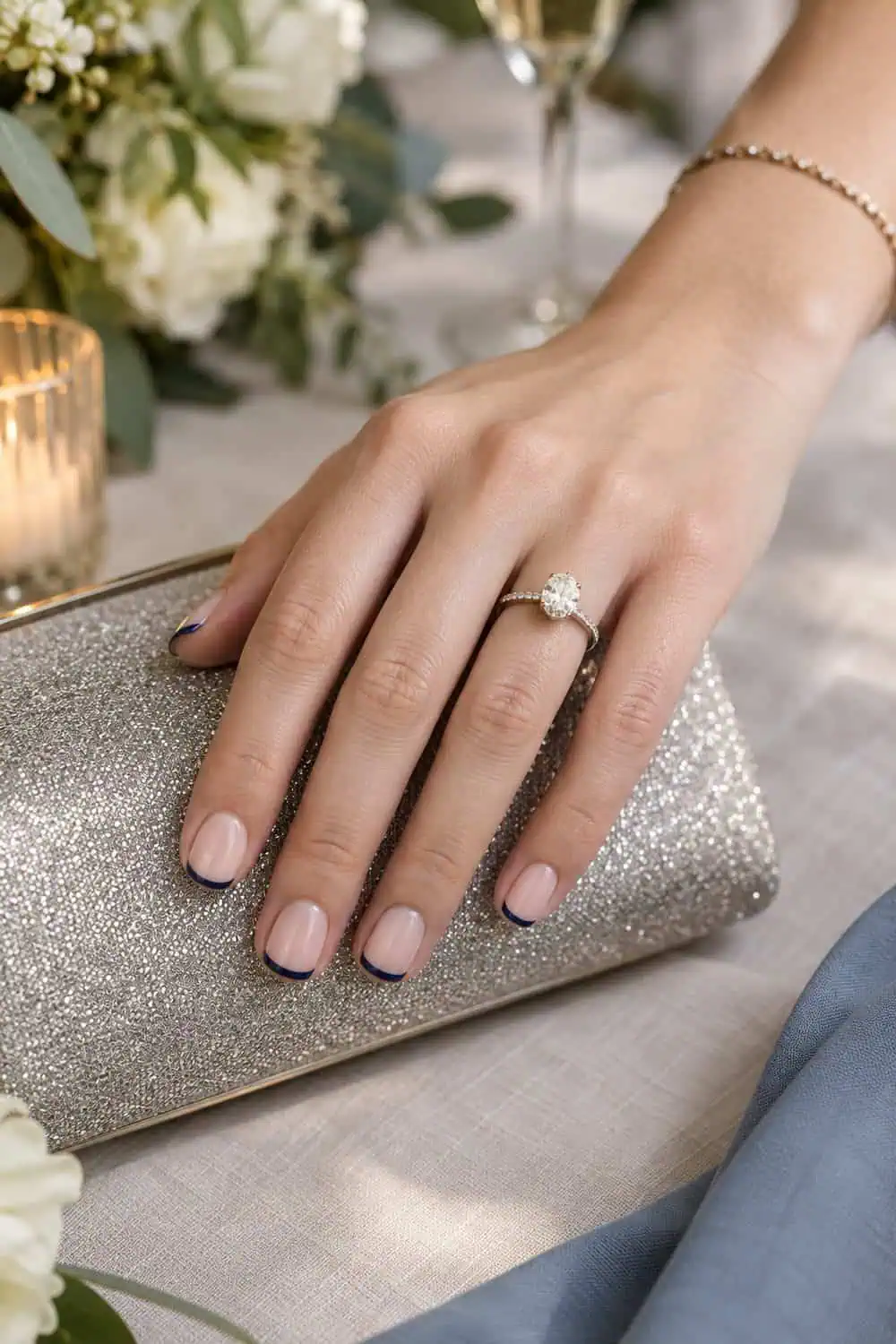 Wedding guest fair hand with short square nails, sheer nude base and very thin navy French tips, silver clutch nearby