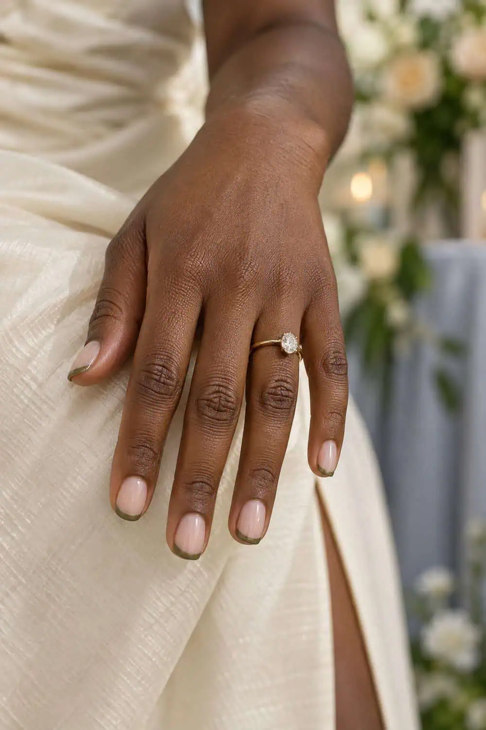 adult wedding guest's dark-brown hand with short square nails, sheer nude base and ultra-thin muted olive French tips, cream dress fabric