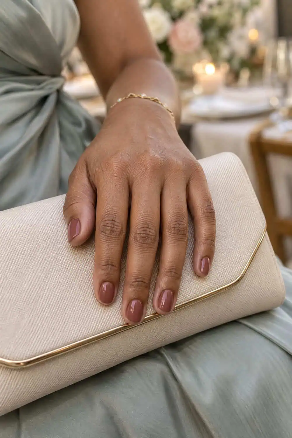 Wedding guest medium-brown hand with short rounded nails painted solid rosewood pink-brown, resting on cream clutch