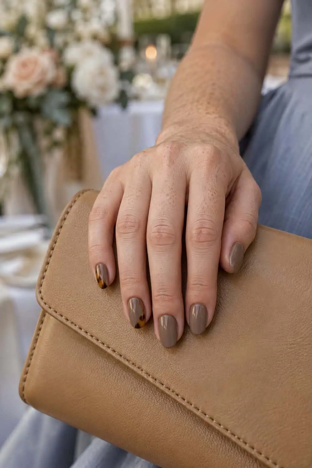 adult wedding guest's fair freckled hand with medium oval nails painted taupe, amber tortoiseshell corner accents on two nails, tan handbag