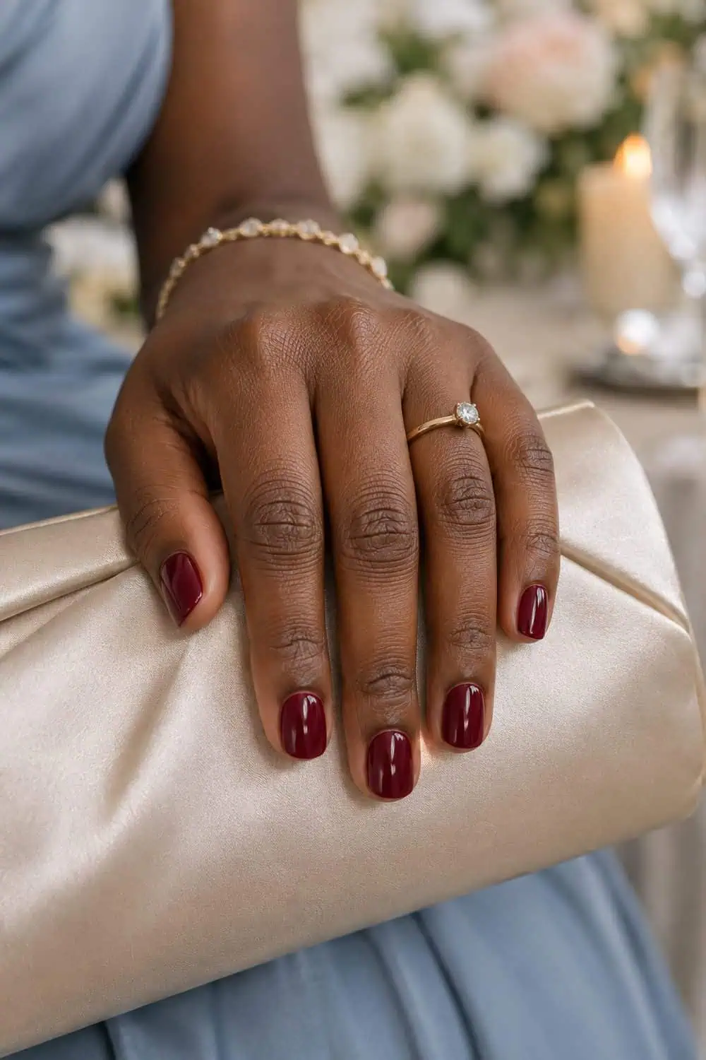Wedding guest dark-brown hand with short squoval nails painted solid wine red, resting on cream satin clutch