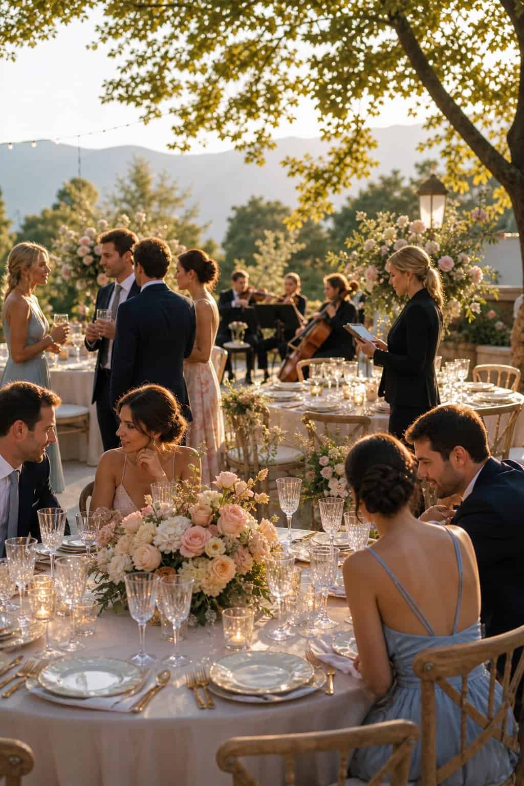 An outdoor wedding reception with decorated tables, guests mingling and seated, and a string quartet preparing to play during late afternoon.