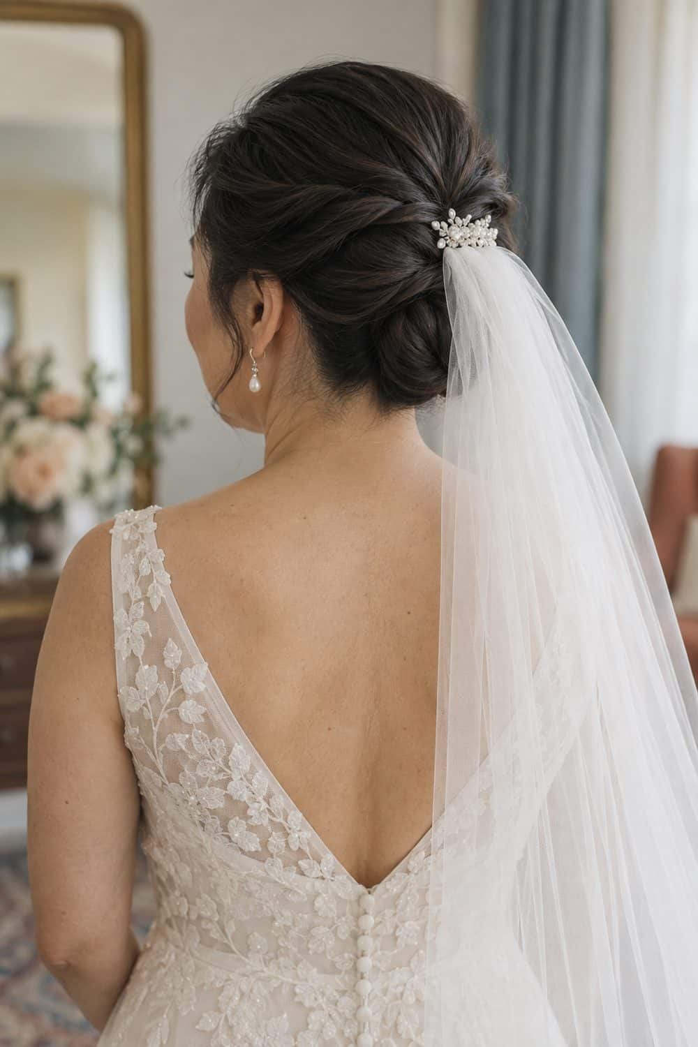Crisscross Nape Updo with Veil Above wedding inspiration