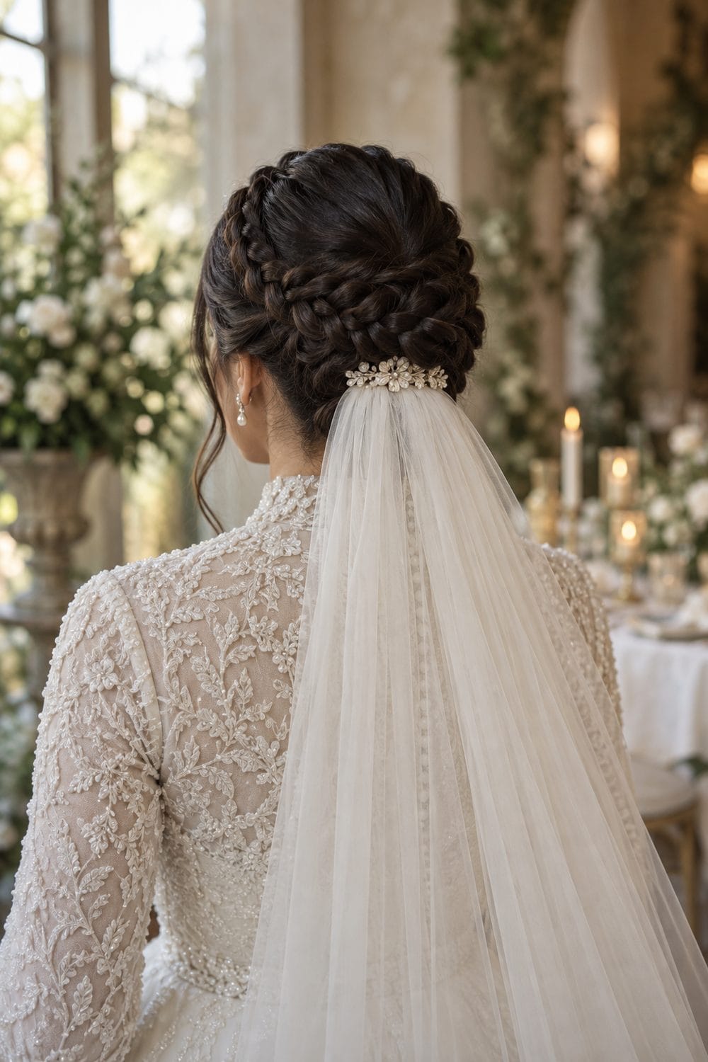 Crown Braid with Low Veil wedding inspiration