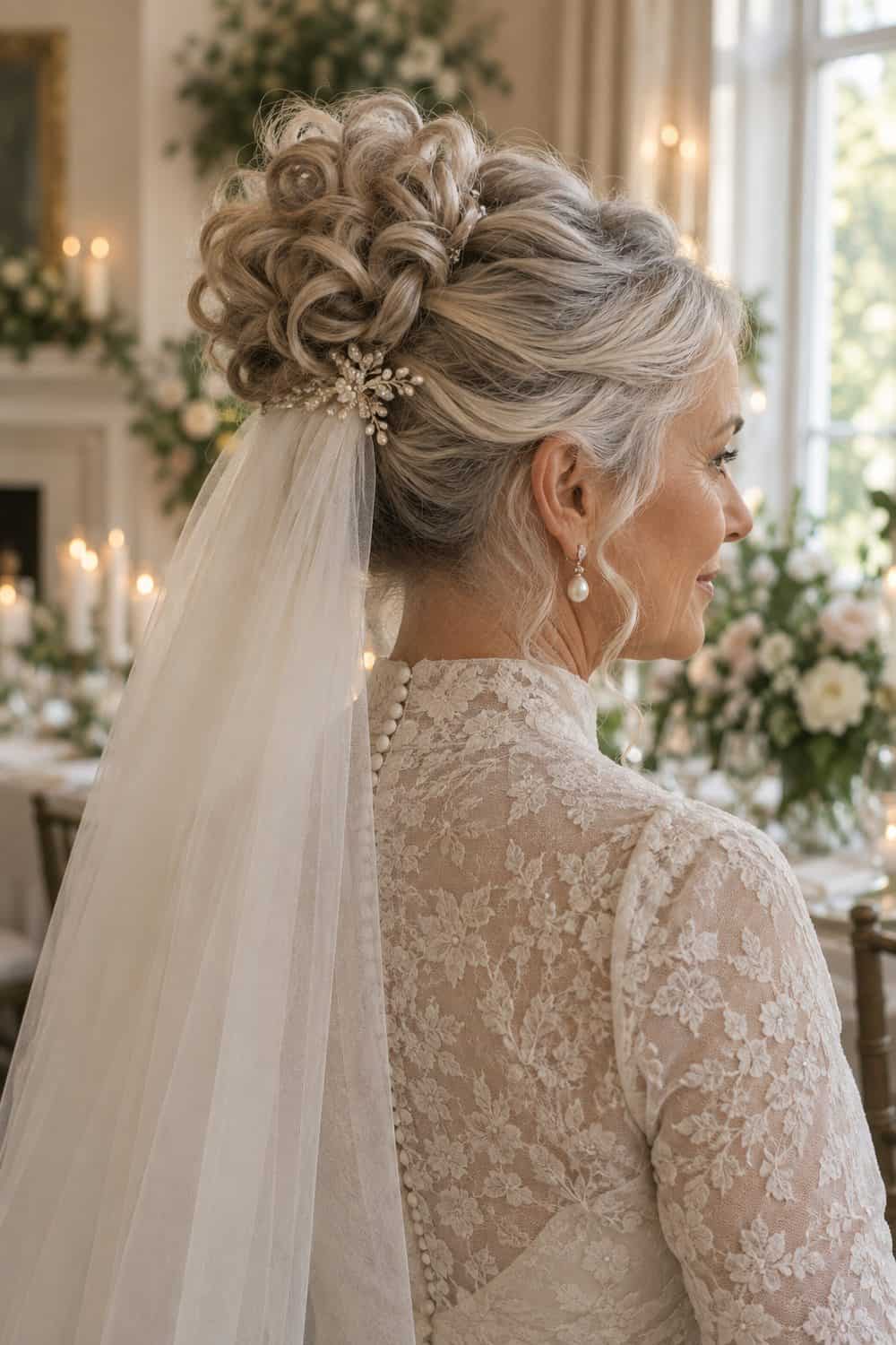 Curly High Updo with Veil wedding inspiration