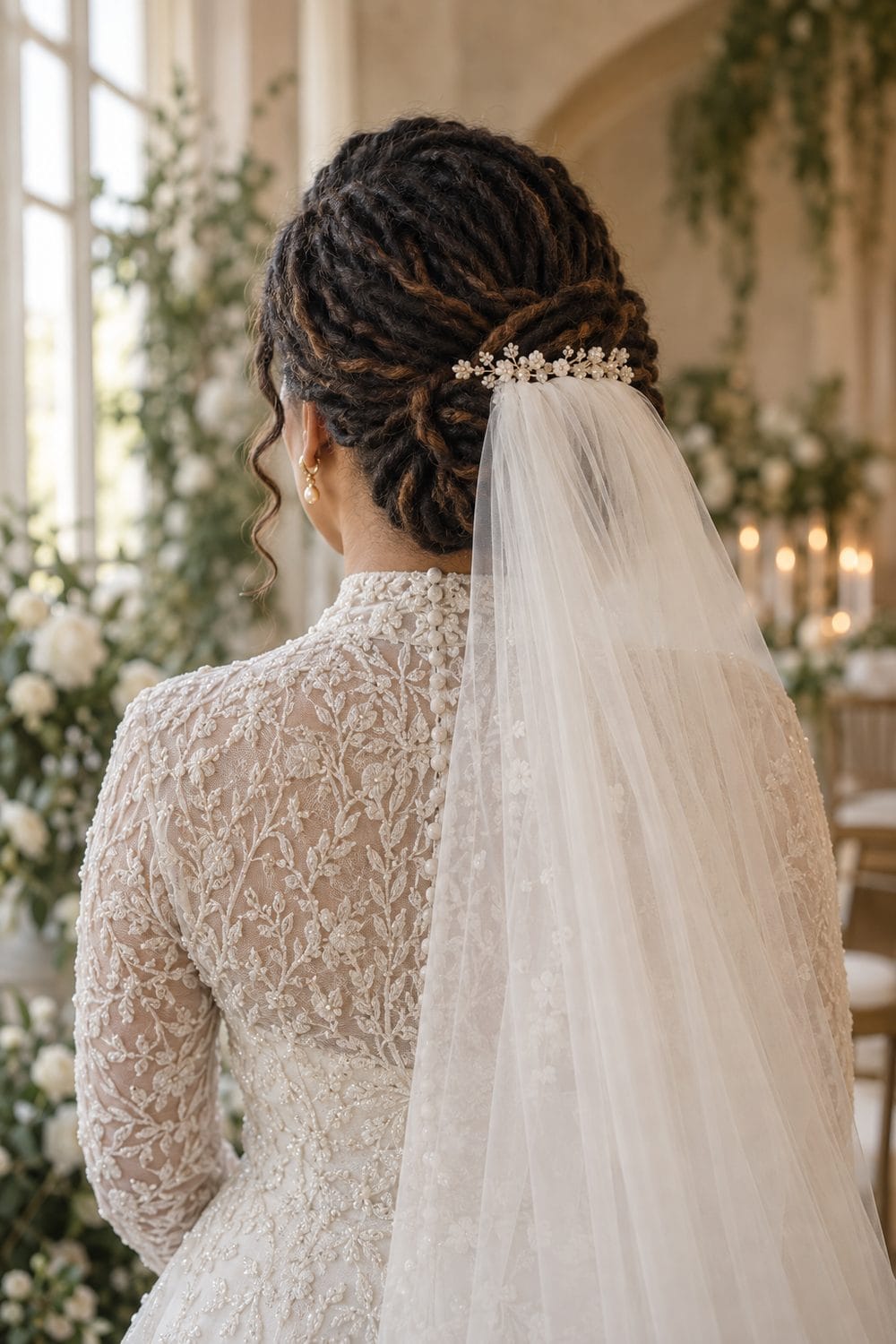 Low Loc Updo with Veil wedding inspiration