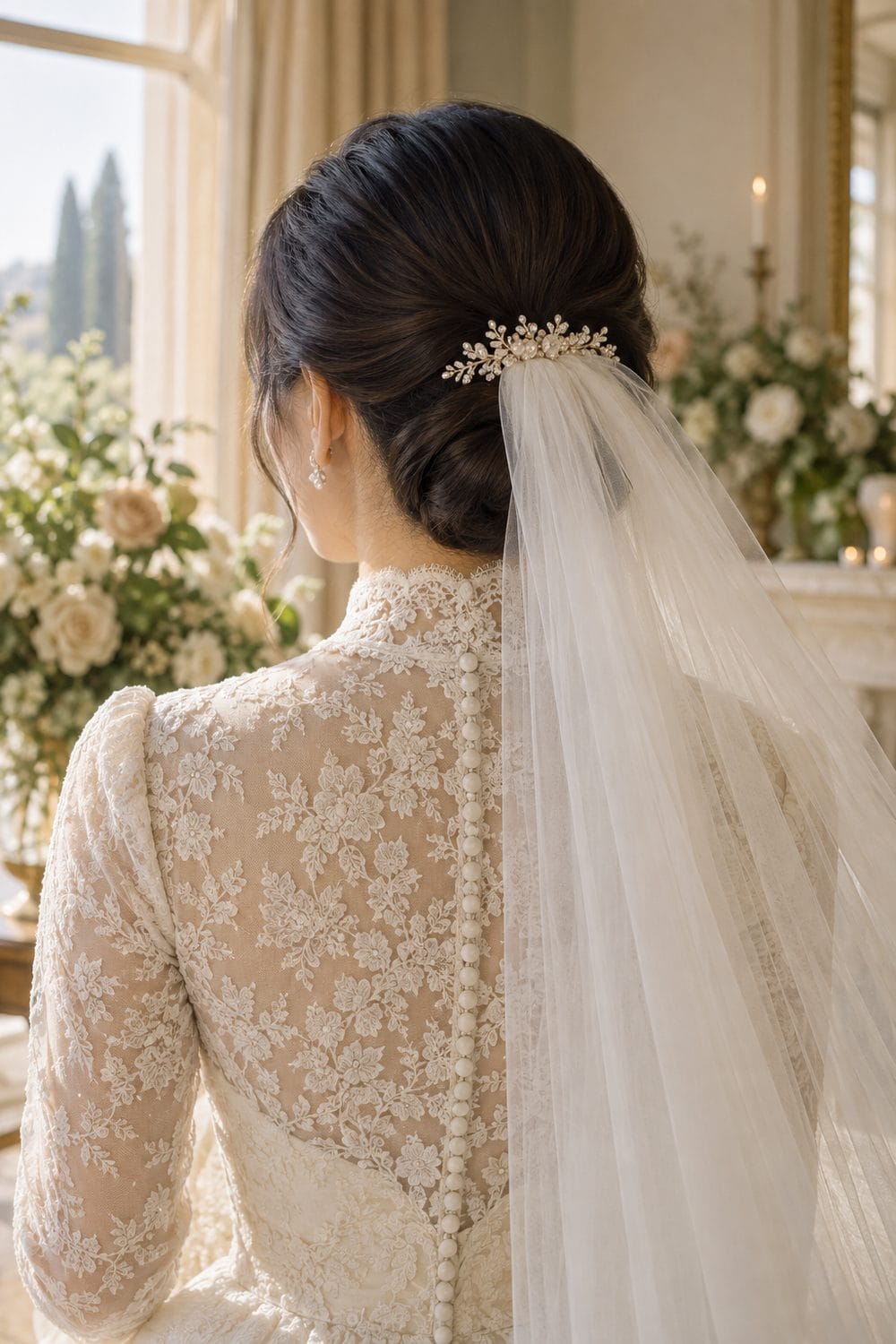 Rolled Nape Updo with Veil wedding inspiration