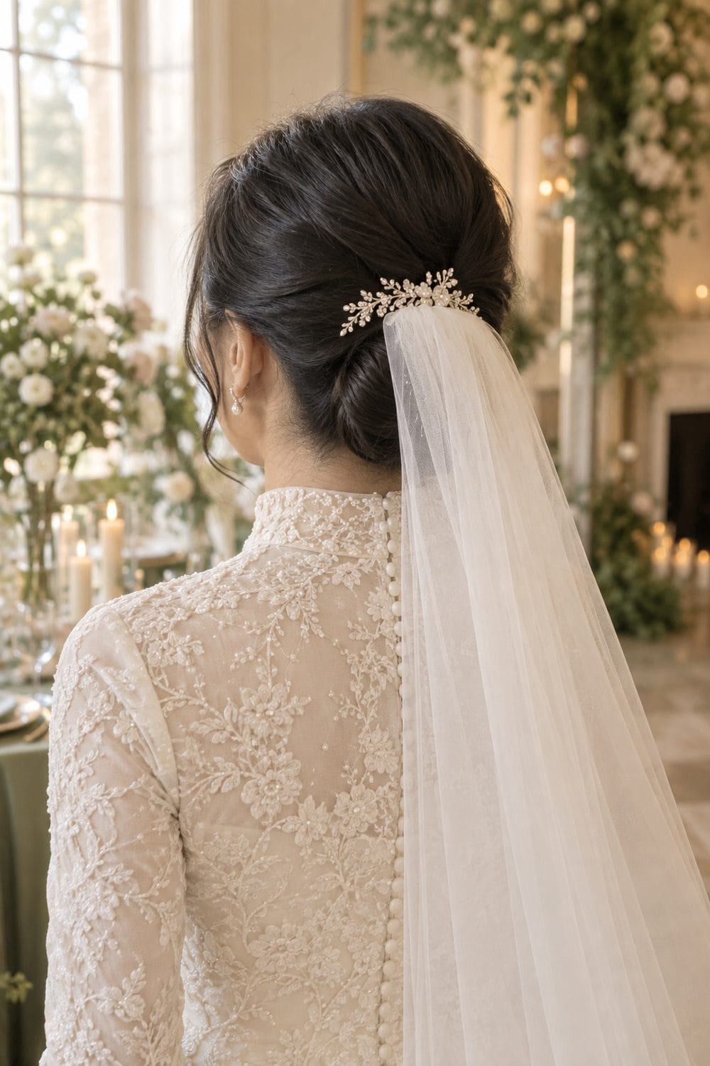 Sleek Knot with Chapel Veil wedding inspiration