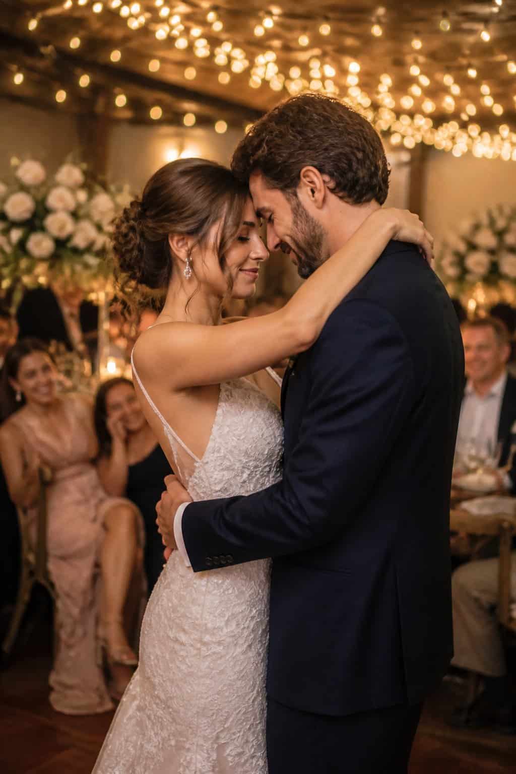 A couple sharing a heartfelt dance surrounded by smiling wedding guests in a warmly lit reception hall.