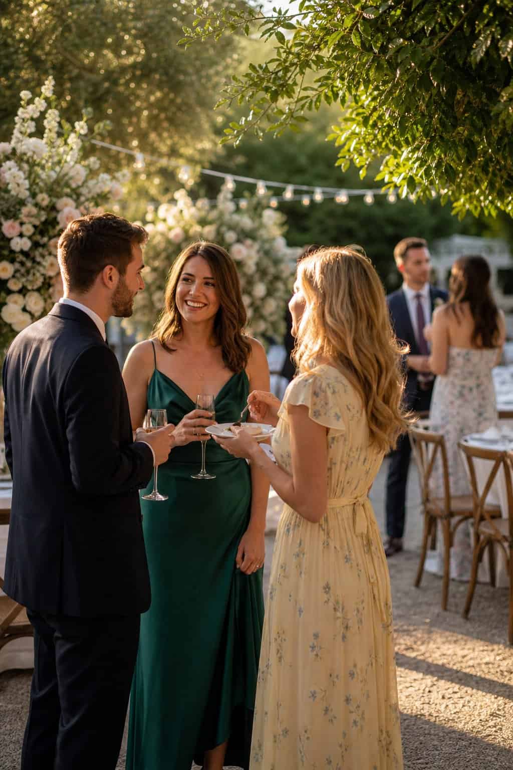 Wedding guests casually mingling outdoors in a garden setting with floral decorations and soft natural light during a calm moment between wedding events.