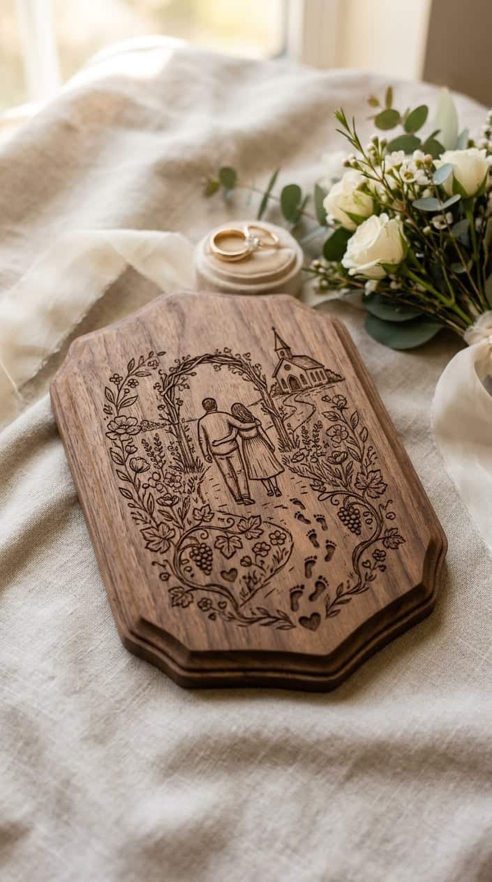A pale oak wooden keepsake plaque with laser-engraved script, displayed on soft ivory fabric beside wedding rings and small white flowers.