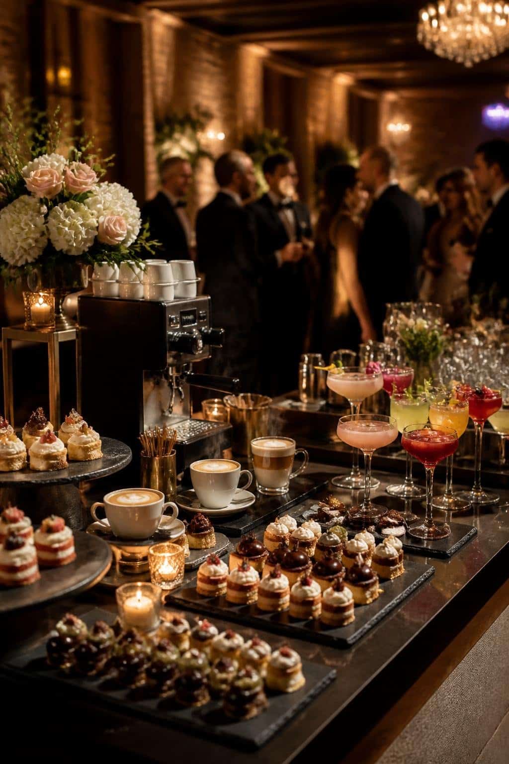 A wedding dessert station with tiered cake slices, espresso cups, and small cocktail glasses filled with dark stirred drinks, surrounded by cinnamon sticks and chocolate shavings.