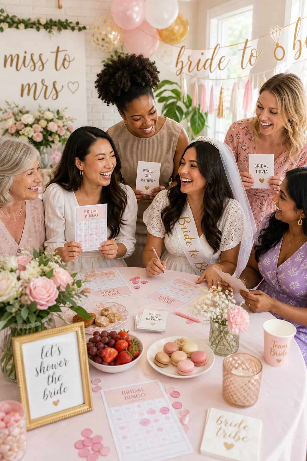 A multigenerational group of women engaged in a bridal shower activity at a table, some writing on cards, some laughing, with mixed ages visible across the group.