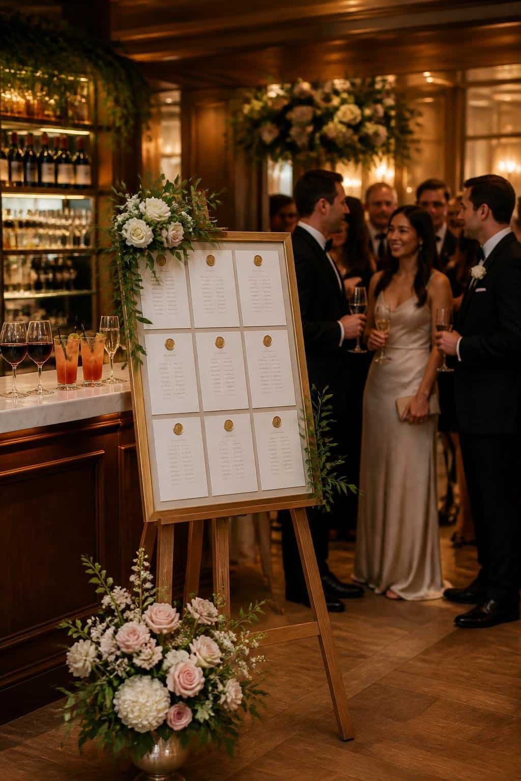 A wedding reception setup showing a seating chart on a wooden easel near a draped bar decorated with white florals, with guests in the background reviewing their table assignments.
