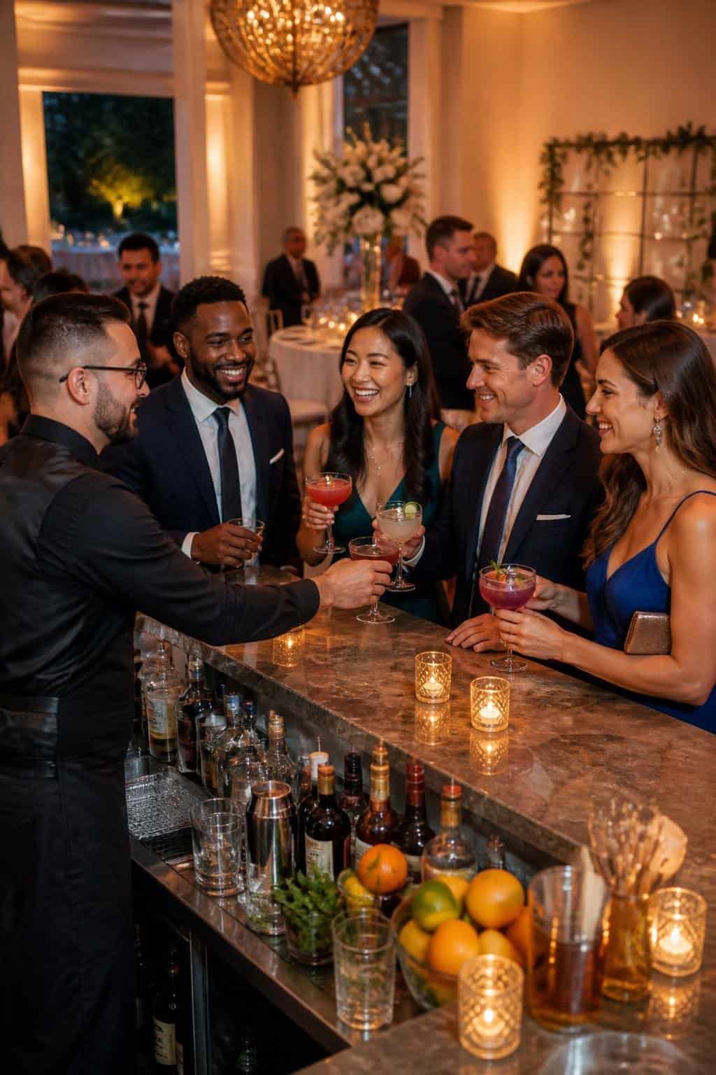 A bartender in a vest serving a garnished signature cocktail to a guest at a decorated wedding bar, with bottled spirits and floral arrangements visible behind the counter.