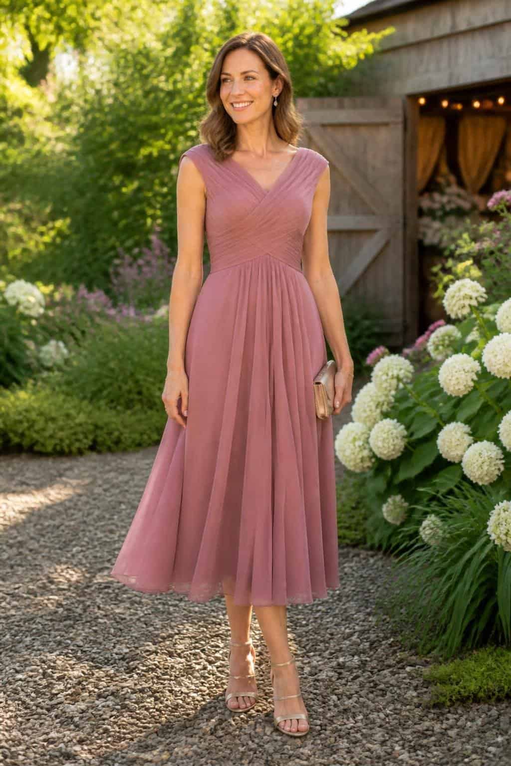 A woman in a dusty rose A-line midi dress standing in a garden setting, soft greenery and flowers visible behind her