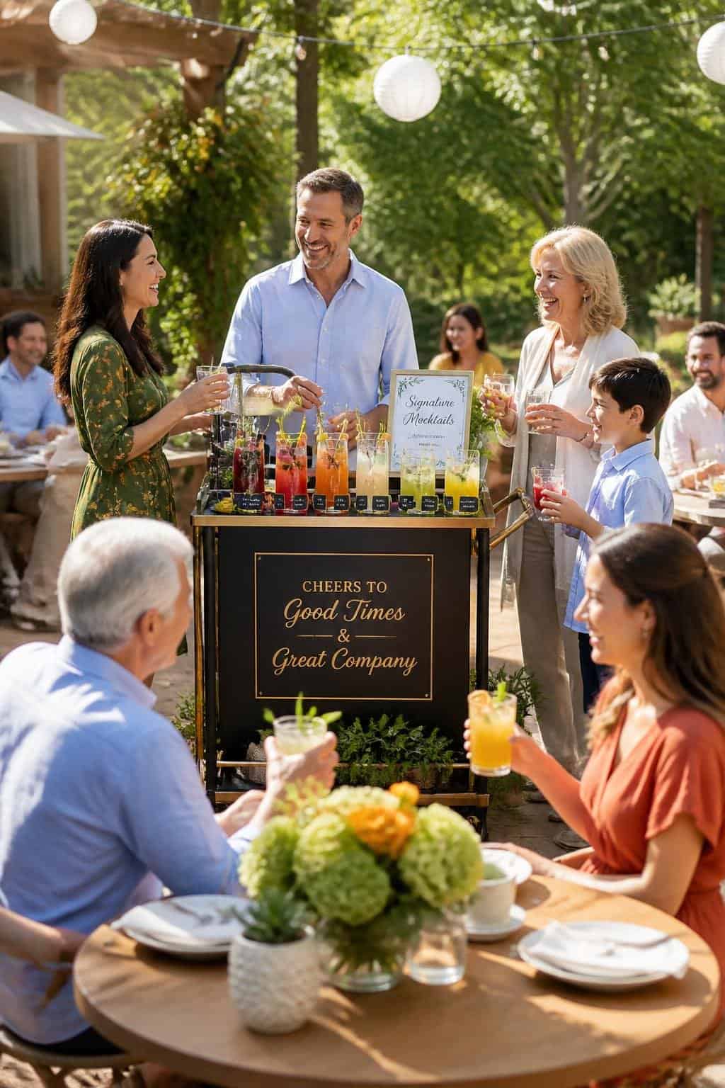 Family members in semi-formal attire enjoying mocktails and sparkling water served from a compact mobile bar cart at an outdoor cocktail gathering surrounded by greenery.