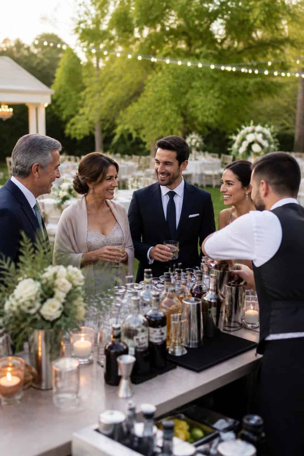 A small group of immediate family members enjoying drinks at an outdoor wedding cocktail hour, with a bartender in a white shirt serving at a linen-draped table.