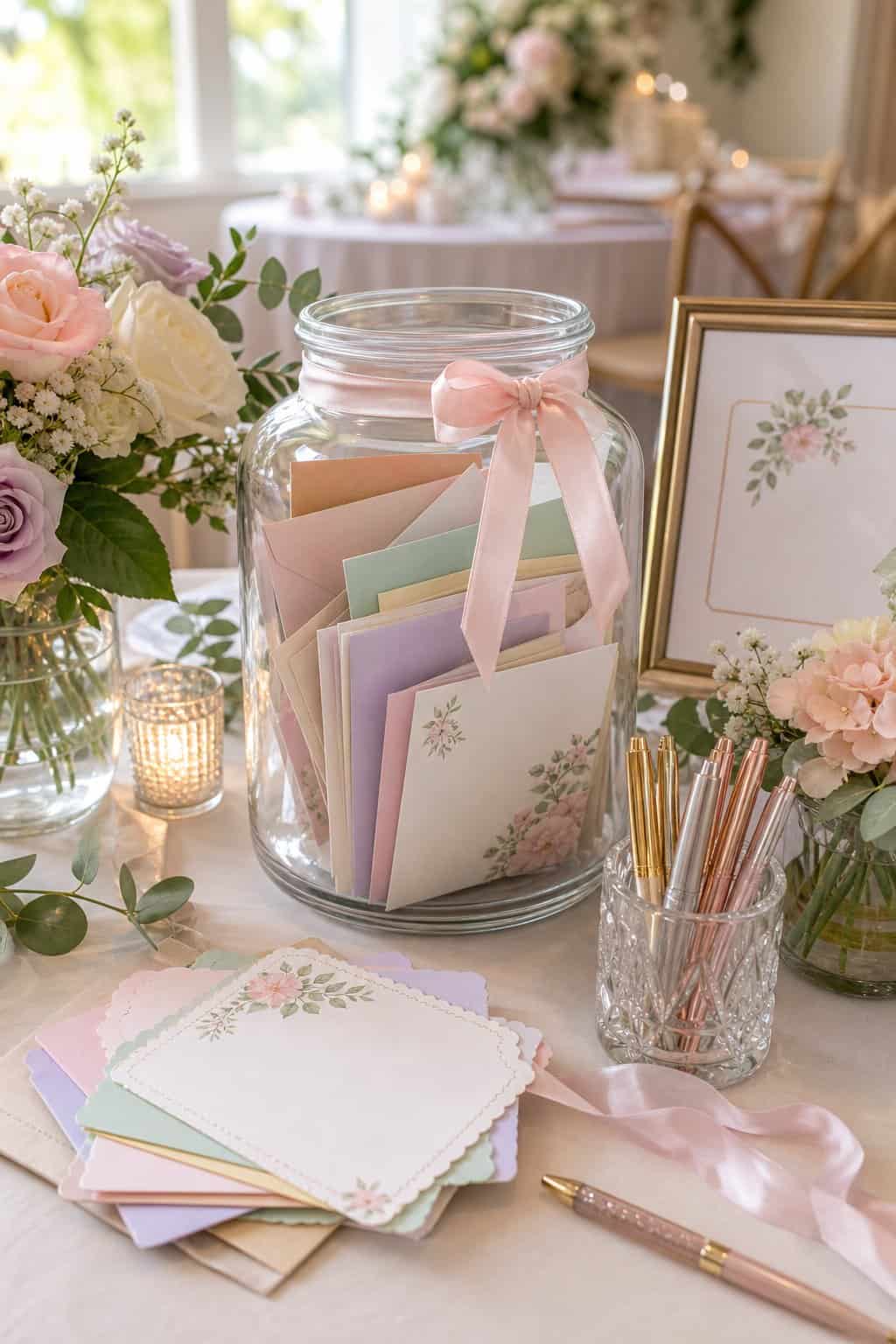 A clear glass jar filled with small folded stationery cards on a bridal shower table, surrounded by fresh florals, ribbon-trimmed pens, and a small handwritten sign with prompts.