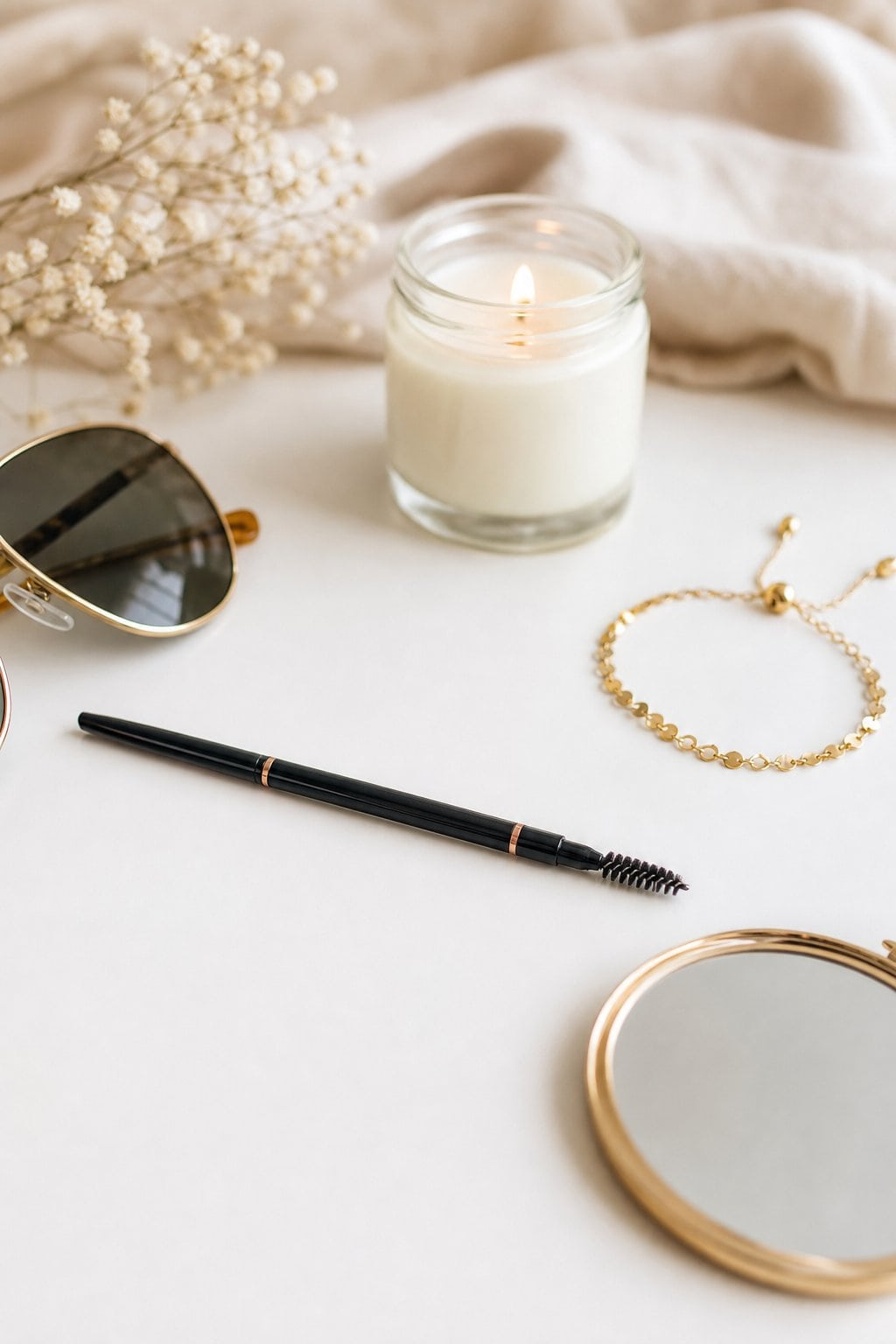 A travel-size Anastasia Beverly Hills Brow Wiz retractable pencil with a built-in spoolie displayed with small bachelorette weekend essentials on a white surface.