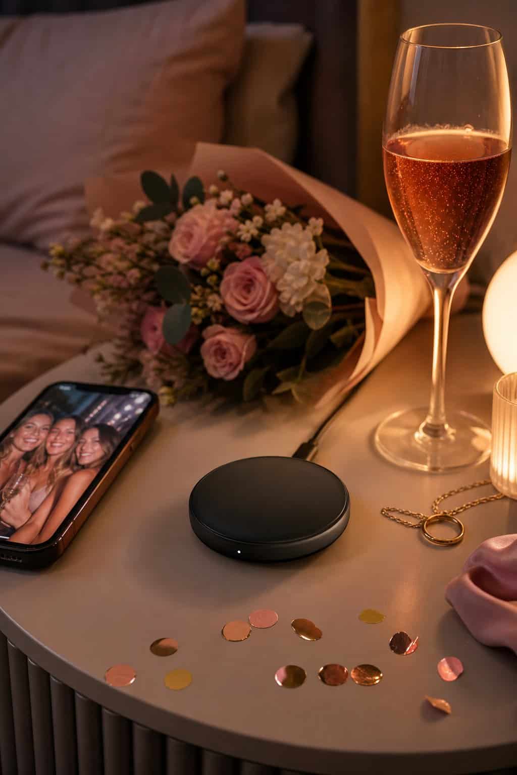A compact round wireless charging pad on a bedside table next to a smartphone, small flowers, a glass of sparkling rosé, and bachelorette party accessories.