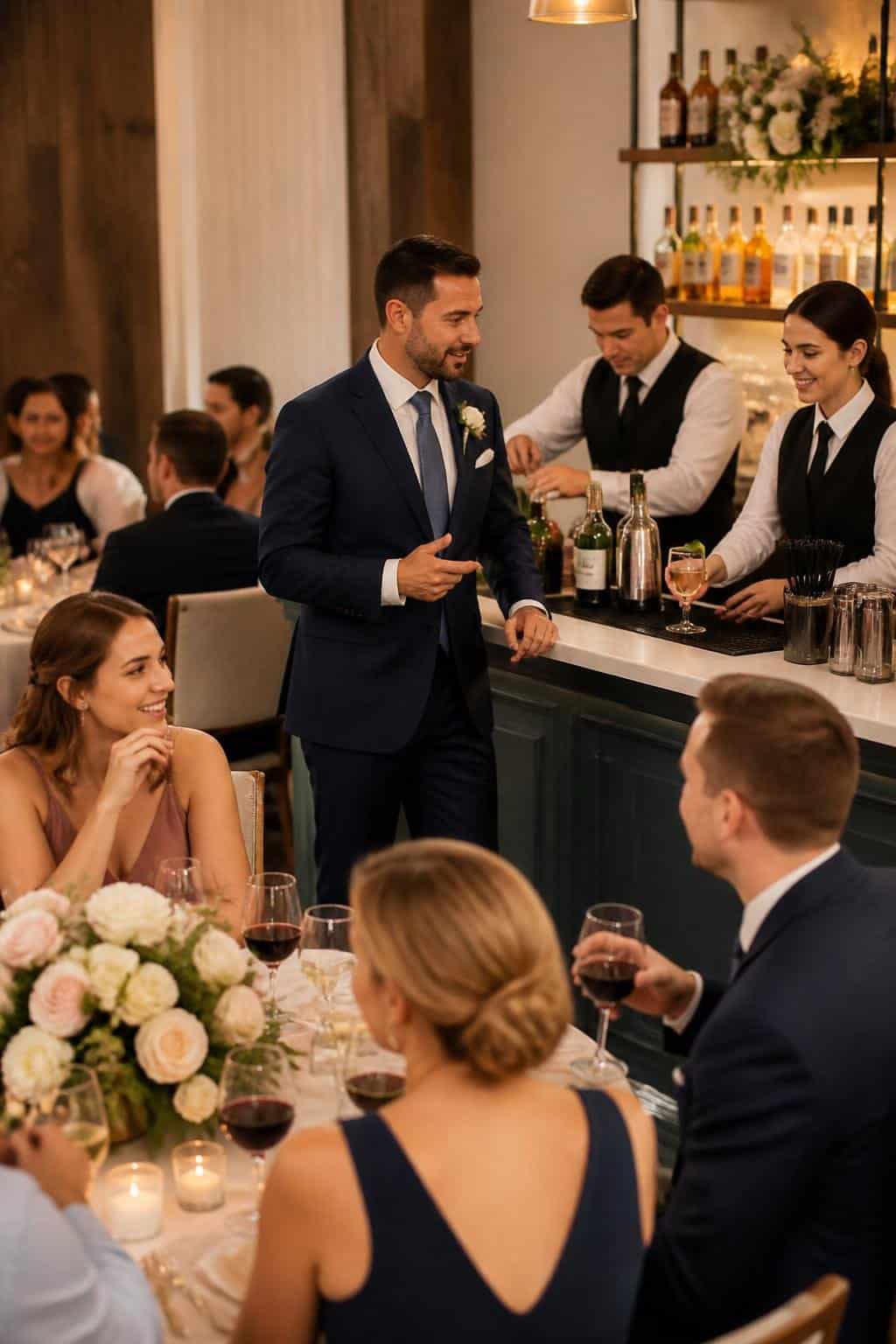 A wedding guest in a suit quietly speaking with a bartender while other guests enjoy drinks at nearby tables decorated with low floral centerpieces.