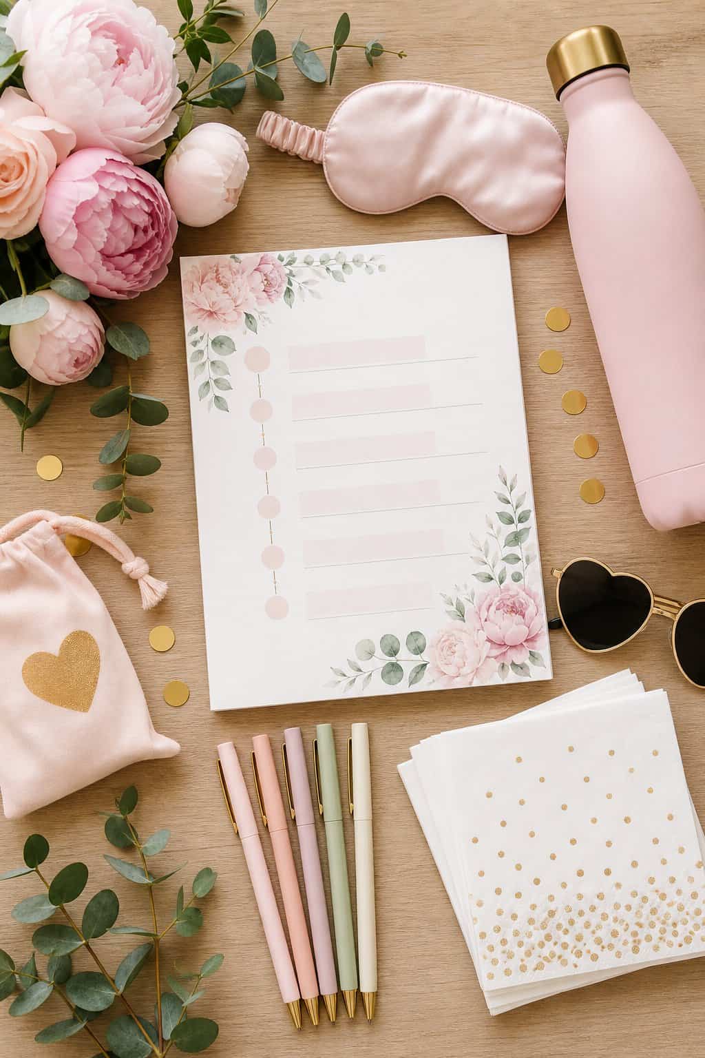 Flat lay of bachelorette weekend planning items including a printed itinerary with handwritten notes, pens, fresh flowers, a reusable water bottle, and small party accessories arranged on a wooden table.