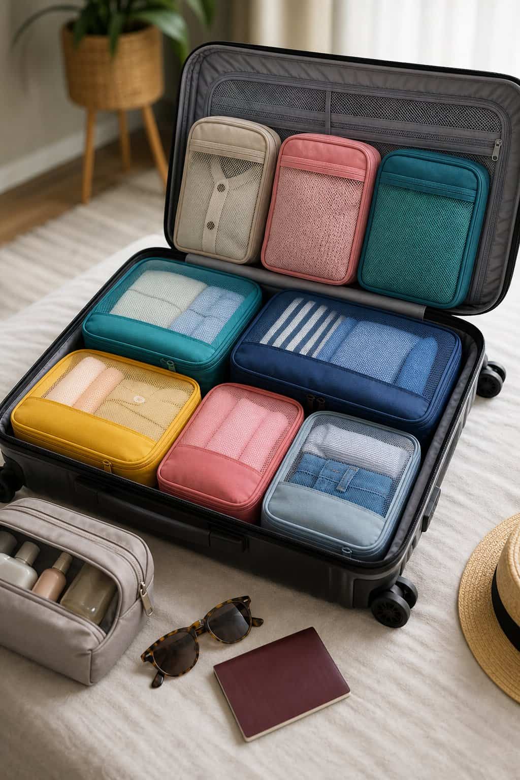 An open hard-sided suitcase organized with vibrant color-blocked packing cubes of different sizes arranged neatly alongside travel accessories.