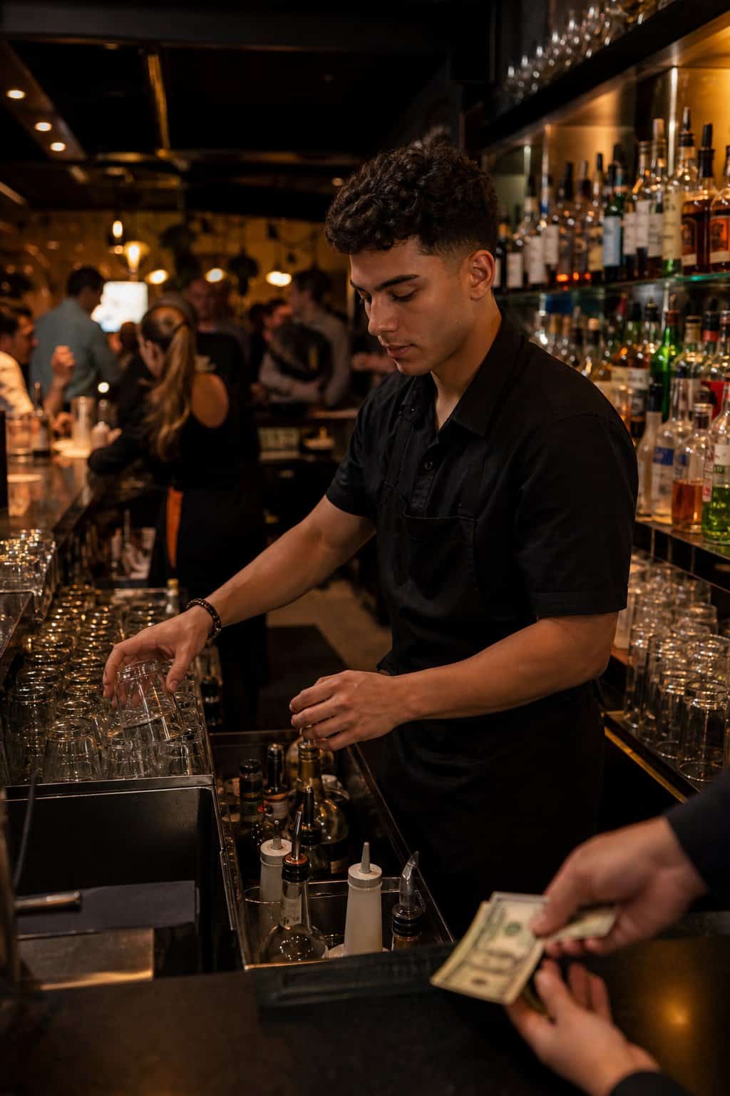 A barback restocking glass shelves and repositioning bottles at a busy bar counter during a nighttime event.