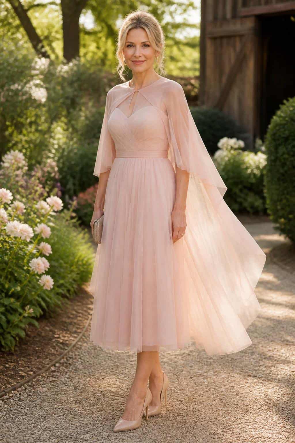 A woman in a blush strapless satin midi dress with a full flowing tulle cape, standing in a garden with green shrubs and white flowers behind her