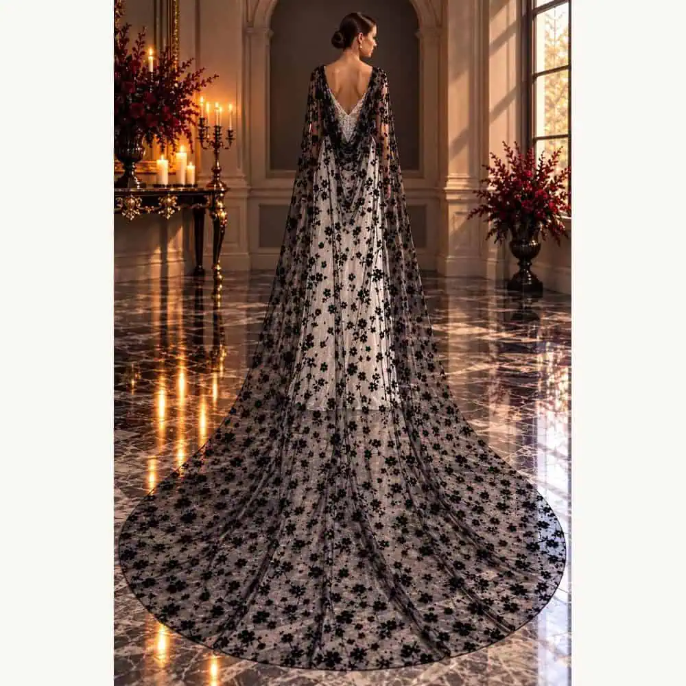 Black Flocked-Floral Cathedral Cape Veil