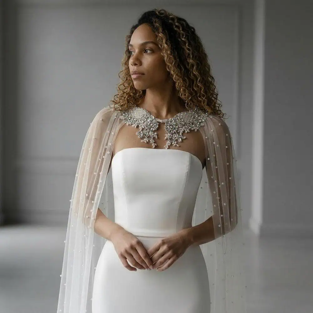 Pearl-Embellished Sheer Tulle Cape