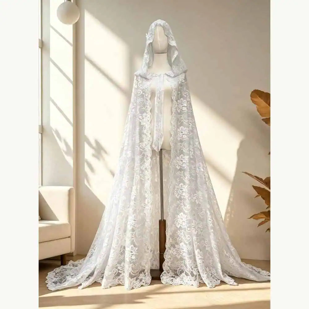 White Lace Hooded Tie-Front Cape