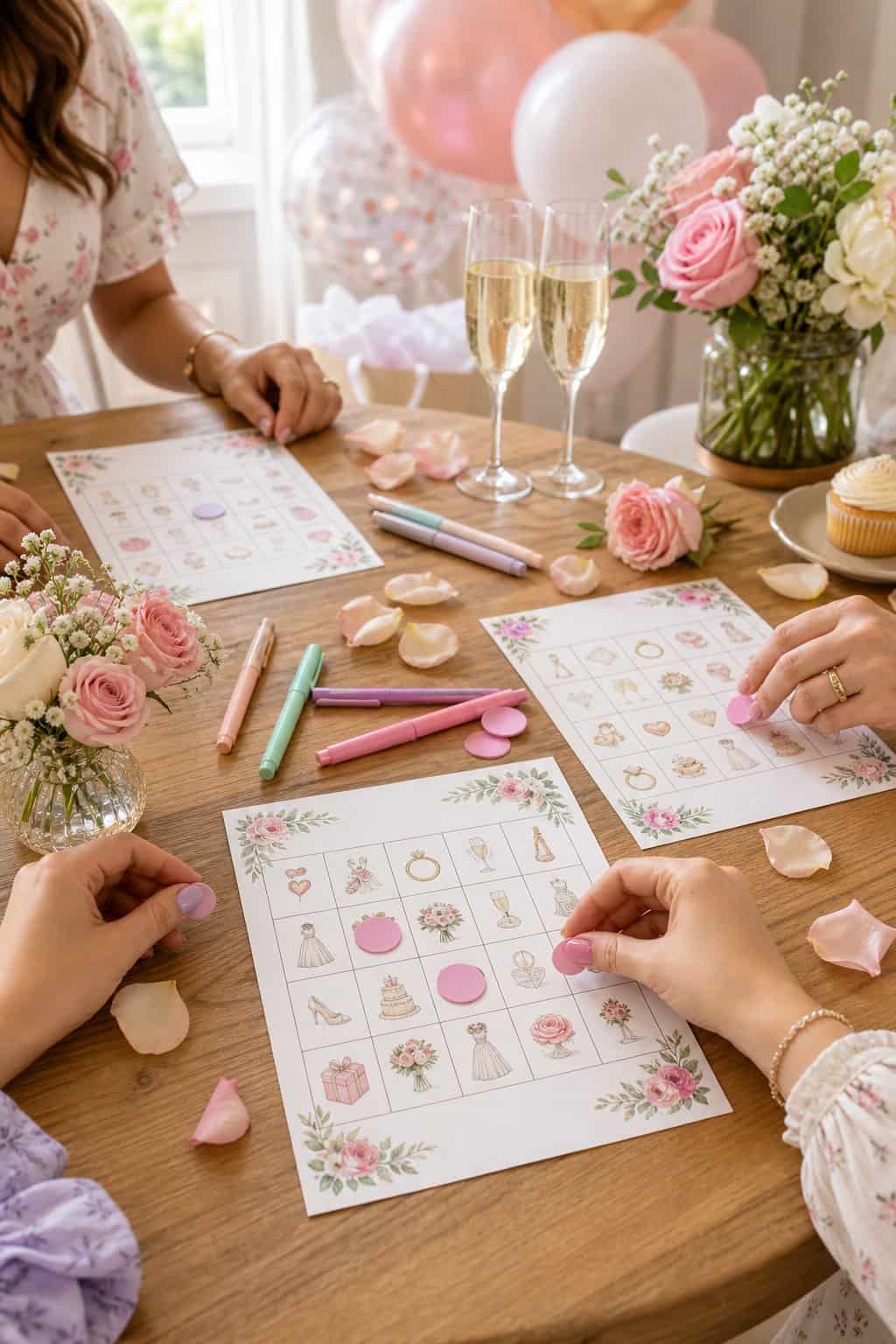 Printed bridal shower bingo cards laid out on a table with small round daubers and ribbon-tied decorations, guests' hands visible reaching in from multiple sides.