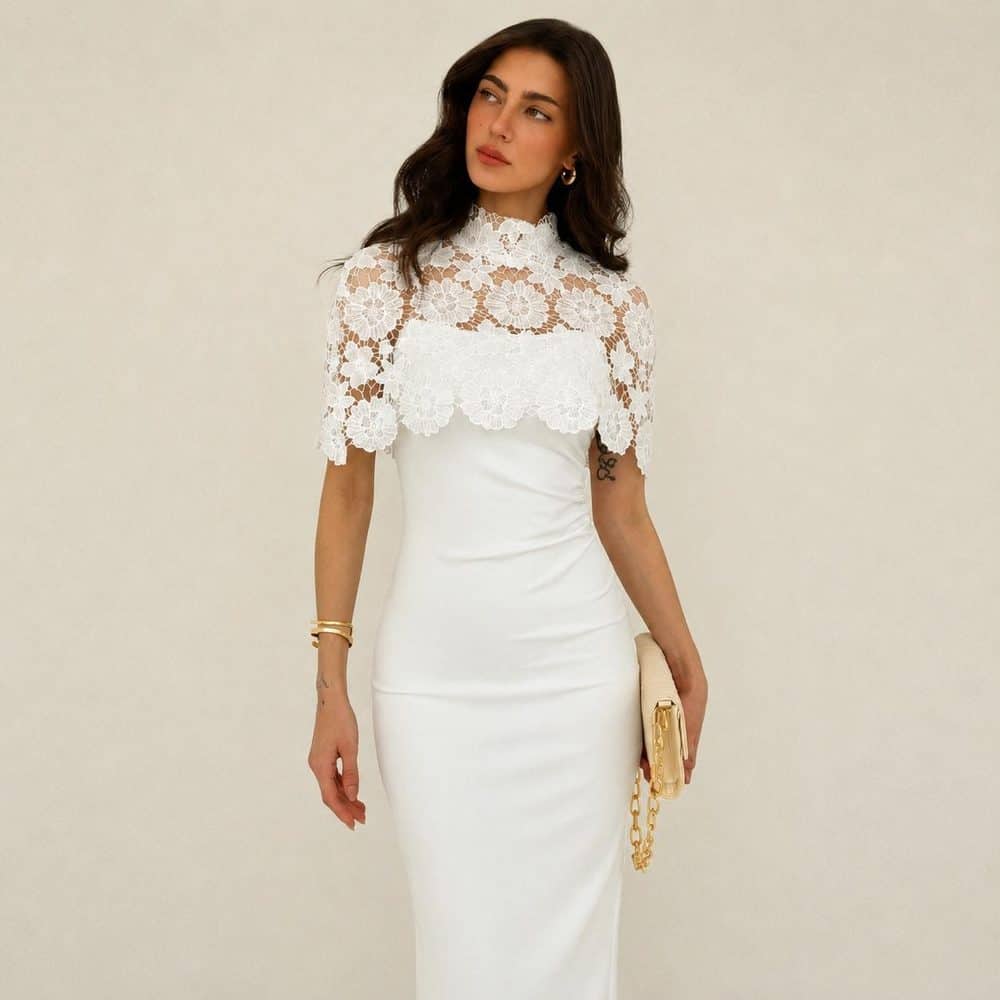 High-Neck White Lace Midi
