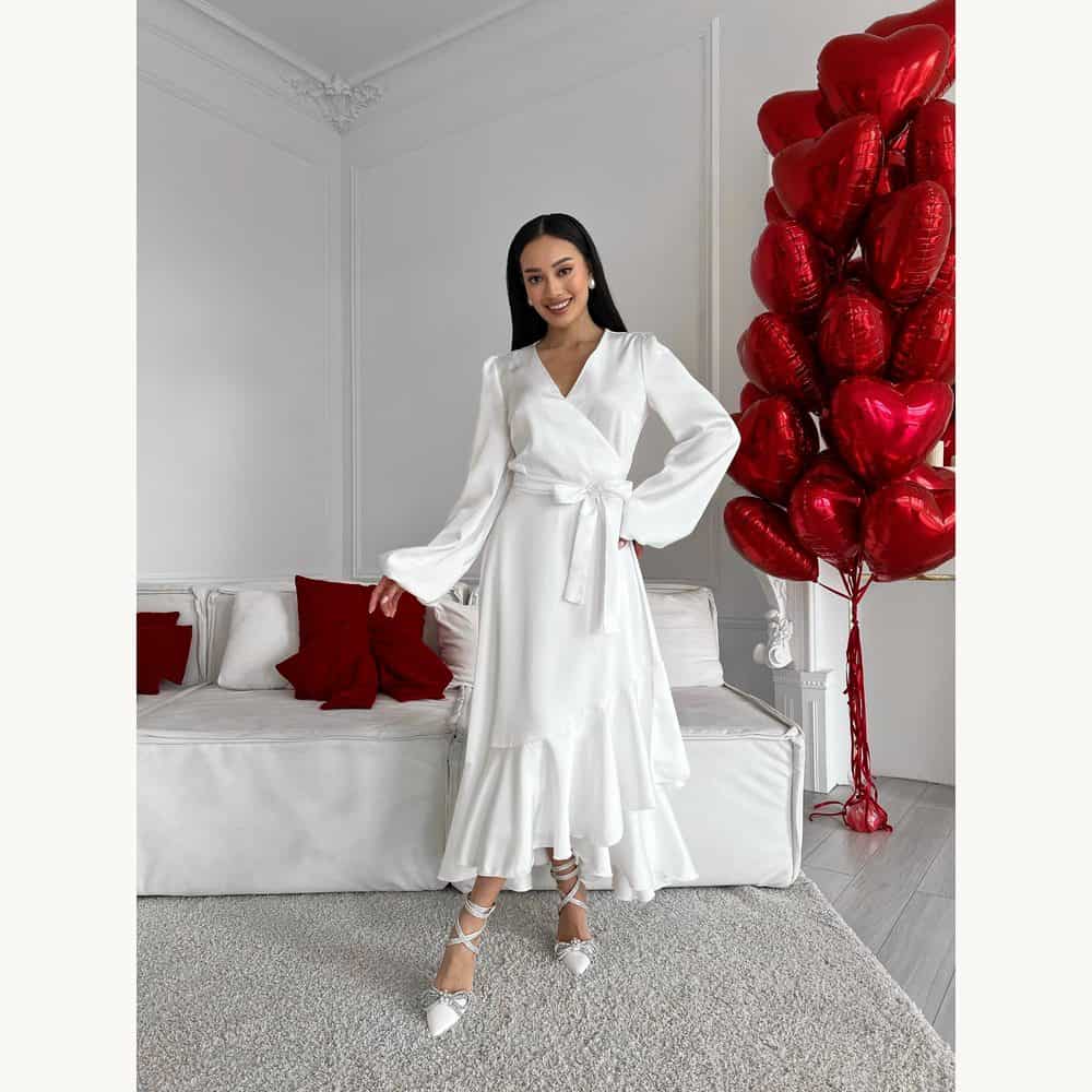 Long-Sleeve White Wrap Midi