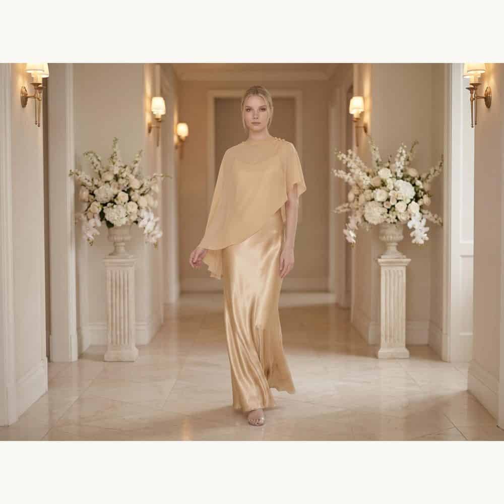 Satin Maxi with a Sheer Cape