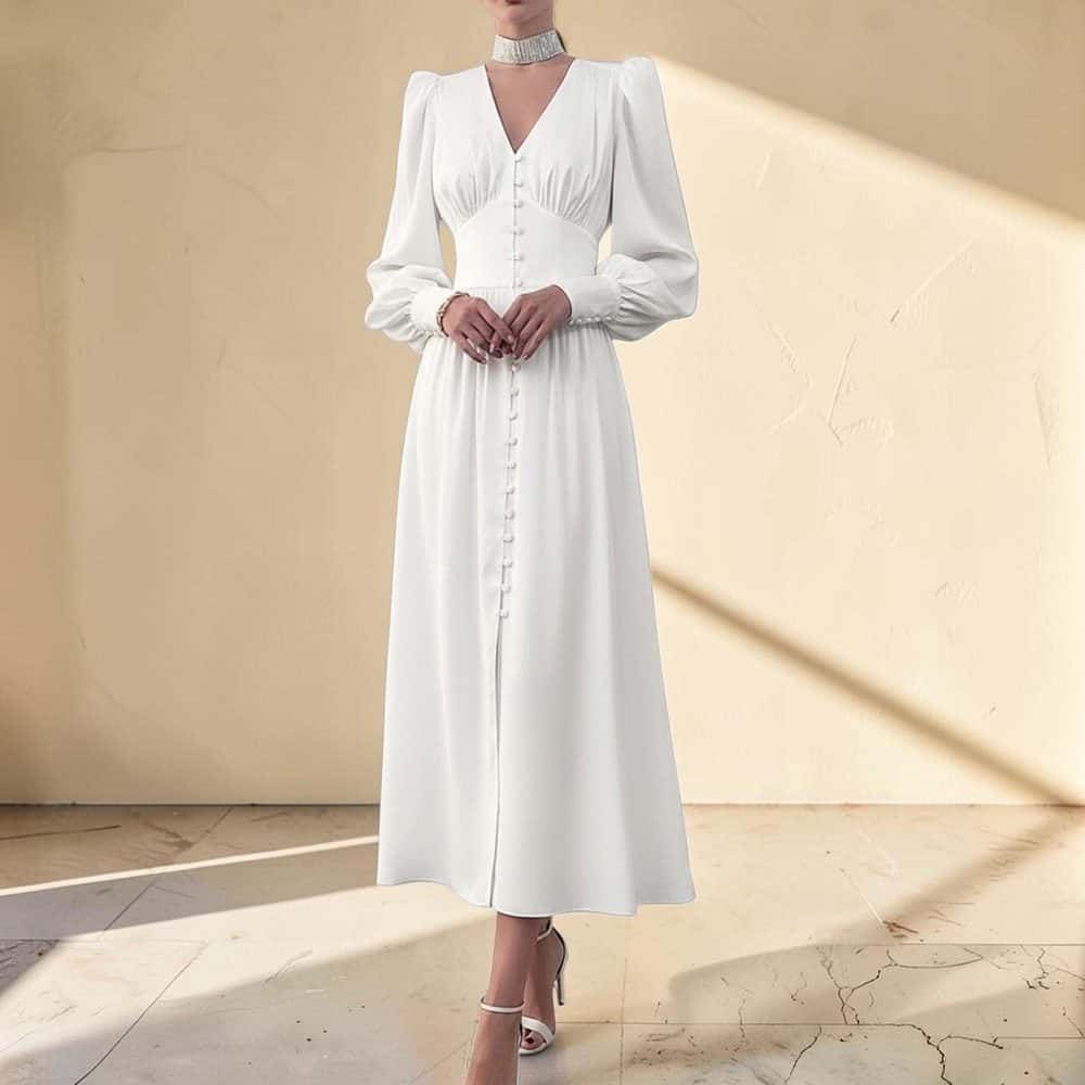 White Button-Front Satin Midi