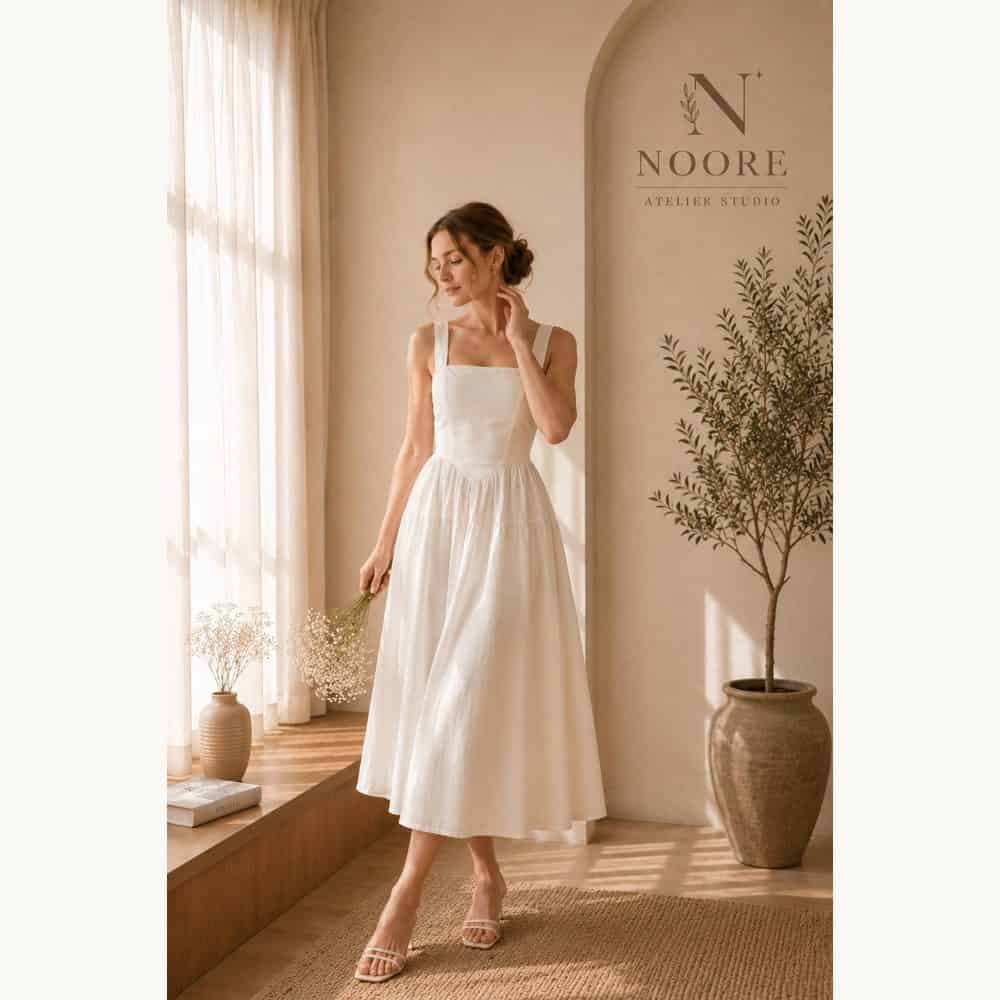 White Linen-Blend Tiered Midi