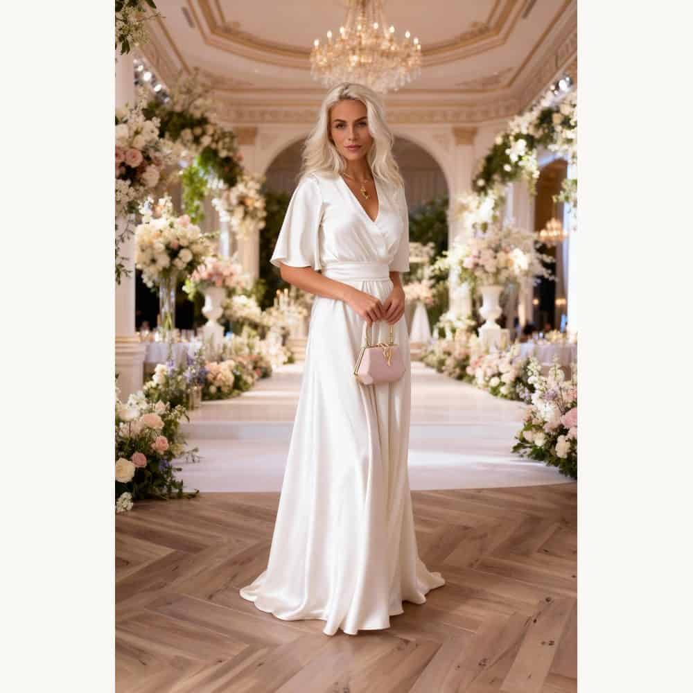 White Satin Flutter-Sleeve Gown