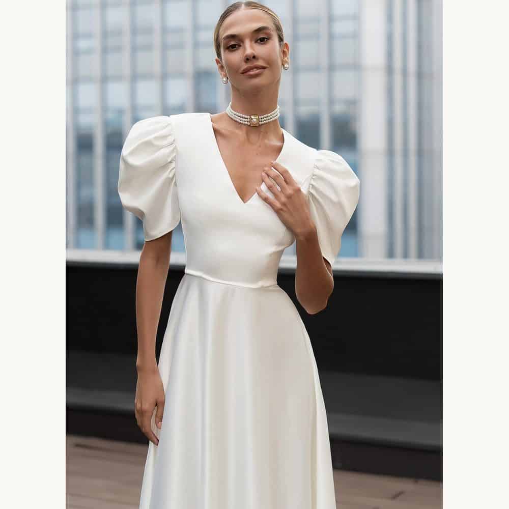 White Satin Midi with Puff Sleeves
