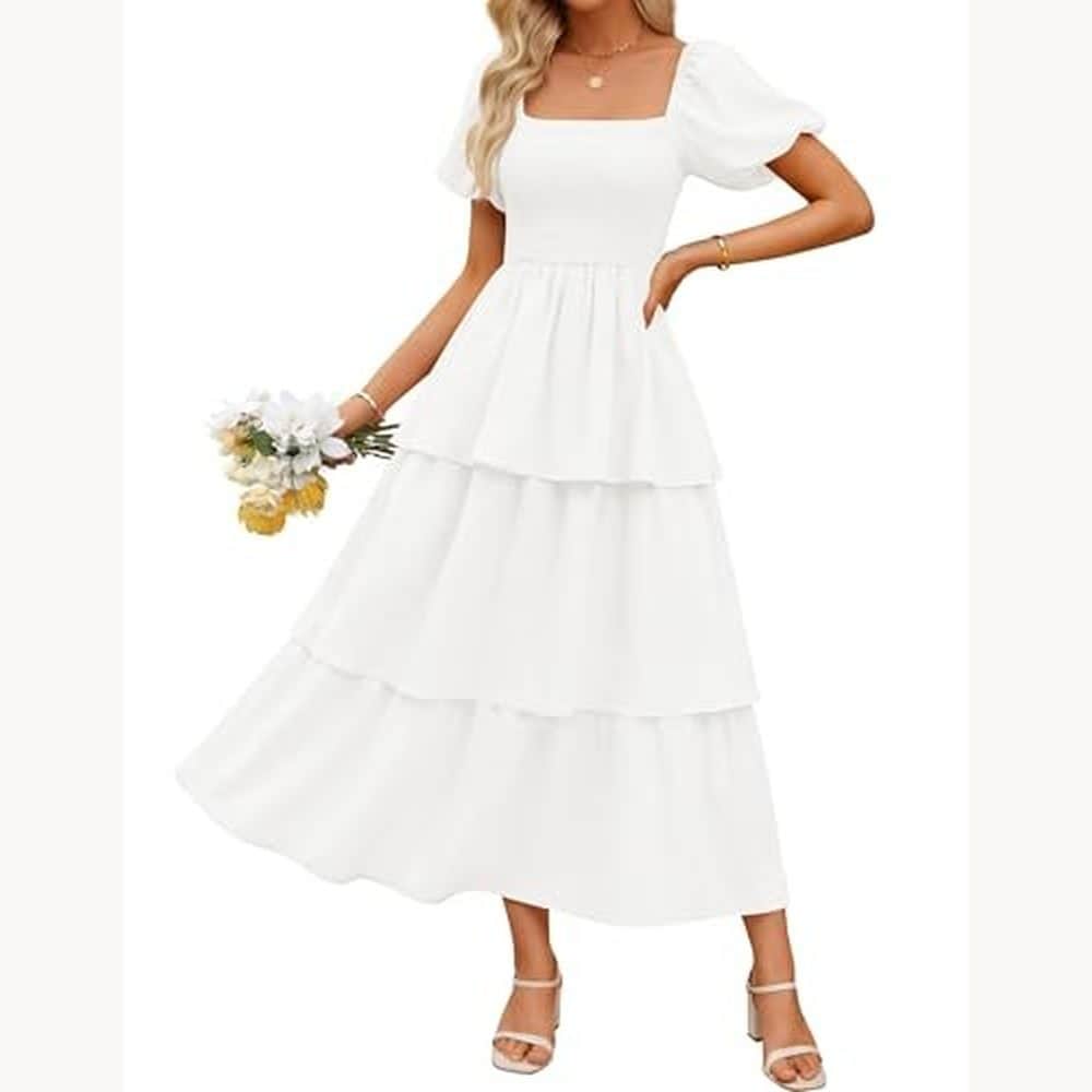 White Tiered Puff-Sleeve Midi