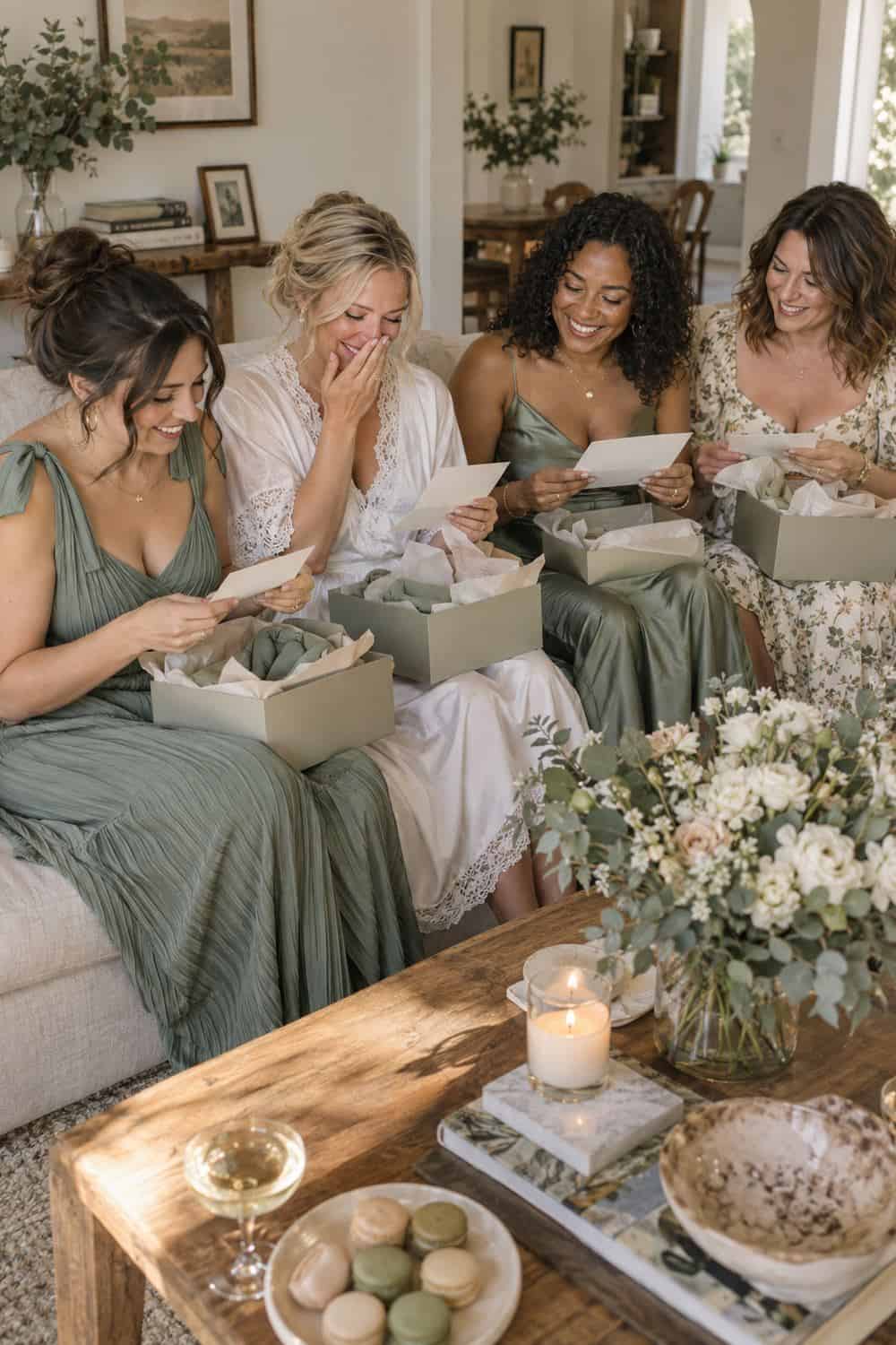 bride and three adult friends seated on sofa opening cards together, natural reactions, no readable text