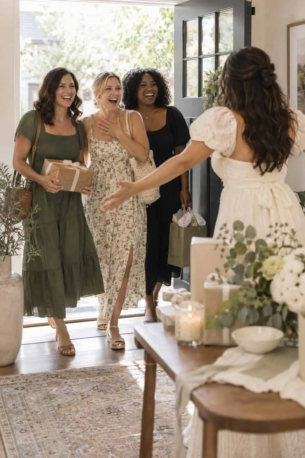 bride welcoming three adult friends through bright home doorway with small gift table visible behind